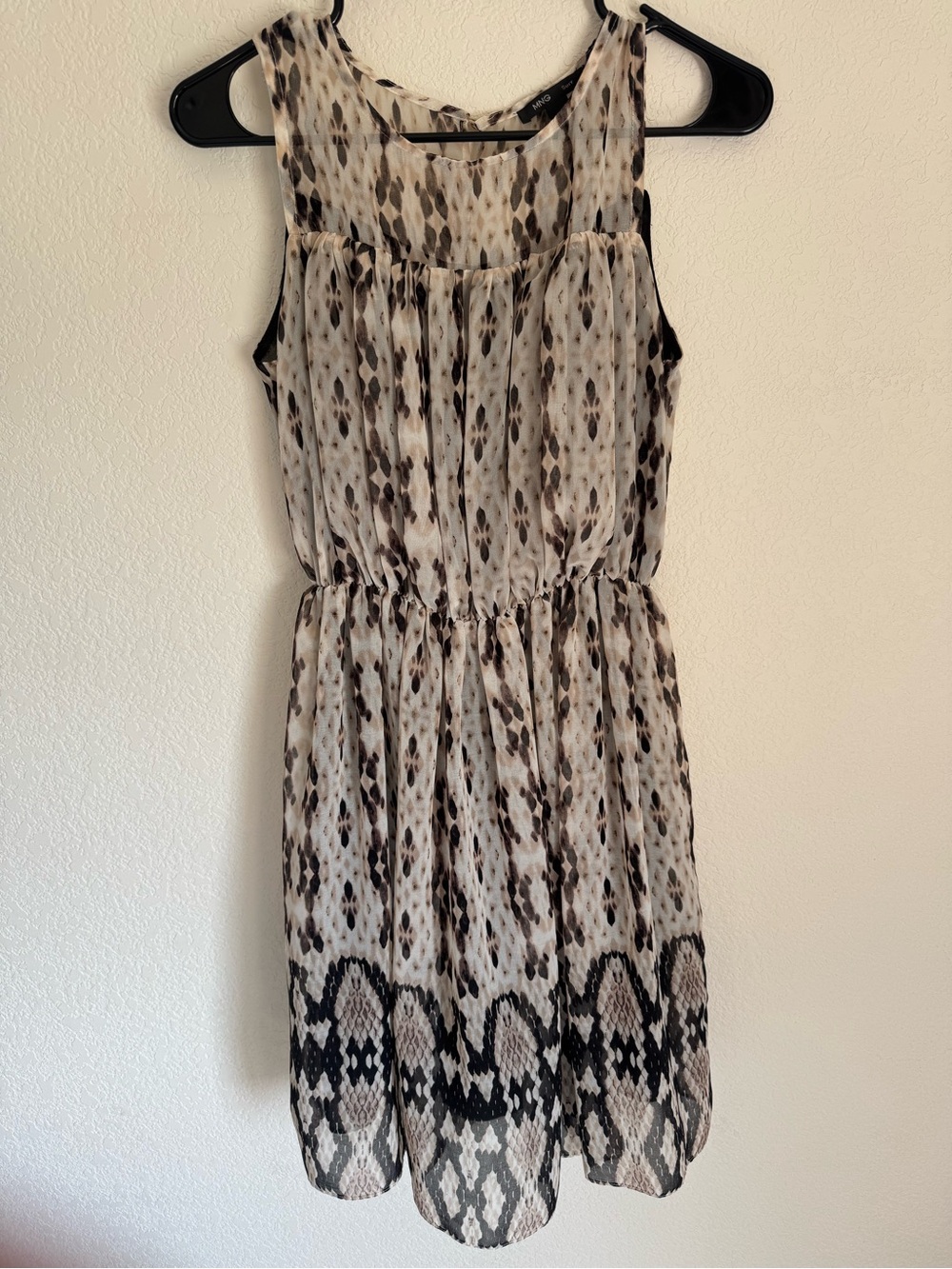 Mango Animal Print Sleeveless Chiffon Dress Beige Black Elastic Waist S